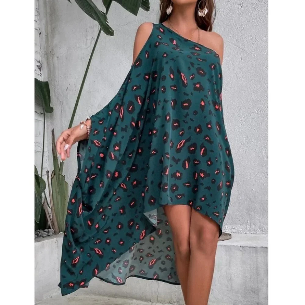 Dolman Sleeve Asymmetrical Neck animal Print Dip Hem Dress - Picture 1 of 6